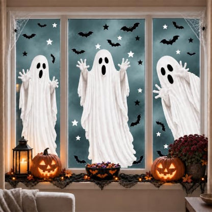 Halloween Ghost Window Clings - Large Mirror Decals with Bats - Holiday Variation