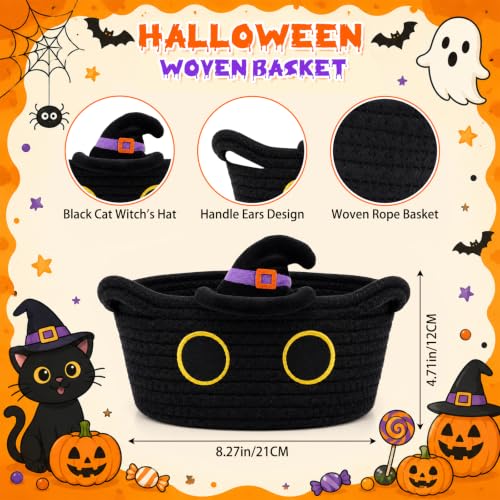 Halloween Black Cat Basket with Witch Hat - Cute Woven Storage Bin - Variation: BlackHat