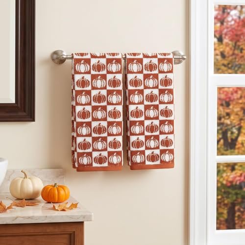 Pumpkin Checkered Fall Hand Towels for Bathroom & Kitchen - Set of 2