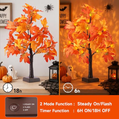18-Inch Lighted Fall Tree with 48 LEDs, Pumpkins & Maple Leaves - Battery & USB Operated