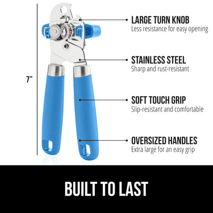 The Original Gorilla Grip Heavy Duty Stainless Steel Smooth Edge Manual Hand Held Can Opener With Soft Touch Handle, Rust Proof Oversized Handheld Easy Turn Knob, Large Lid Openers, Aqua