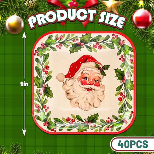 Christmas Paper Square Plates 9 Inch 40 Pack Vintage Santa Wreath Holiday Party Tableware