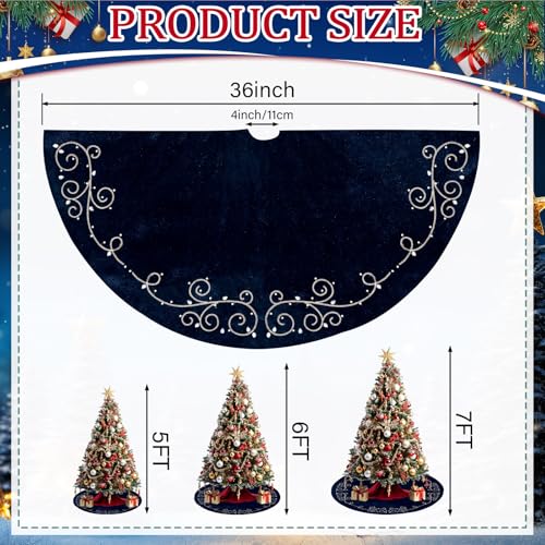 Navy Blue 36-Inch Velvet Christmas Tree Skirt with Gold Embroidered Pearls and Crystals