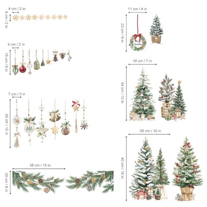 Christmas Window Clings Decals - Static Cling Xmas Trees & Balls, Boho Style