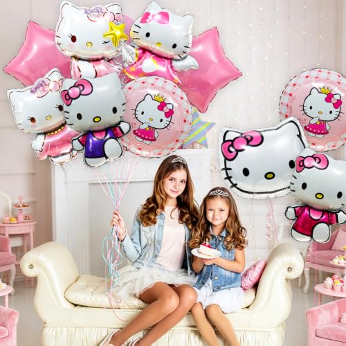 Pink Hello Cat Birthday Balloons - 10 Pack Foil Party Decorations