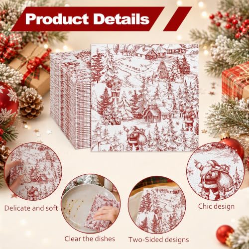Christmas Santa Disposable Paper Napkins 100 Pack - Red Toile Winter Village Design, 2-Ply Absorbent Holiday Tableware