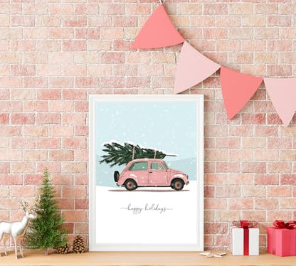 Pink Christmas Wall Art Set of 3 Vintage Holiday Posters 11x14 Inches