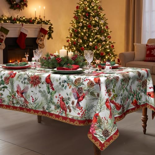 Christmas Tablecloth 60x60 Inch Water Resistant Square Cover - Red Cardinal & Holly