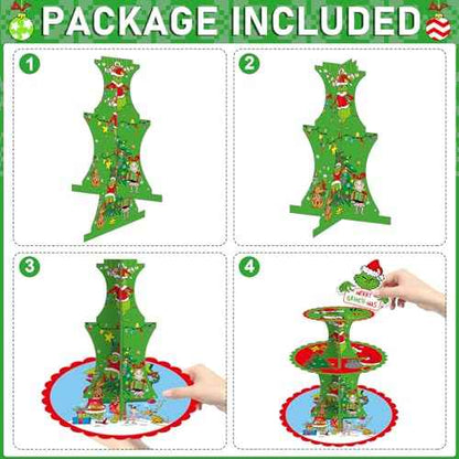 Grinee 3-Tier Cupcake Stand with 12pcs Toppers - Christmas Cupcake Holder & Decorations for Parties