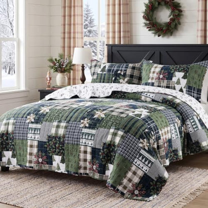 WDCOZY Reversible Christmas Cotton Quilt Queen Size - Green, 90x96 Inches