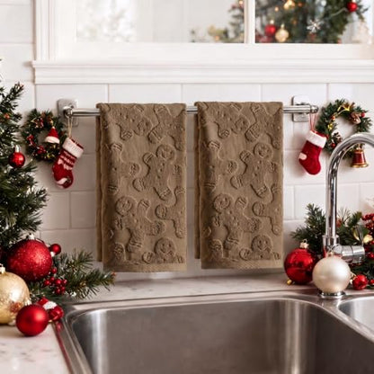 Artoid Mode 3 Pcs Brown 3D Gingerbread Man Jacquard Hand Towels - Christmas Bathroom Decor, 13.7 x 29.5 Inches