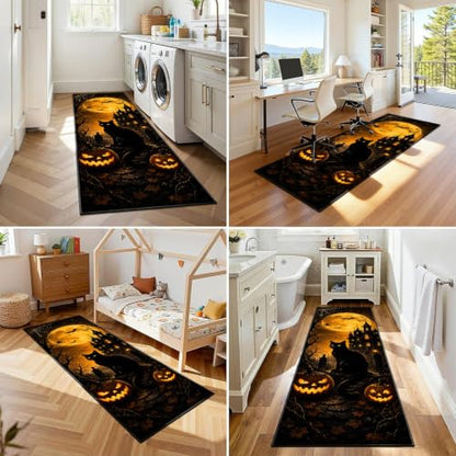 Halloween Pumpkin Black Cat Runner Rug 3D Non-Slip 2x6ft Pattern-1