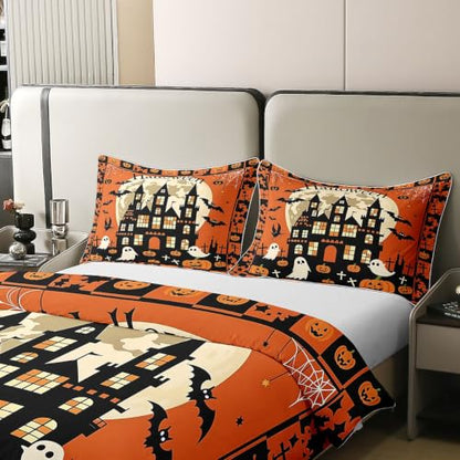 Halloween Haunted House Duvet Cover Set - King Size Cotton Bedding with Ghost Design, Orange Black Variation