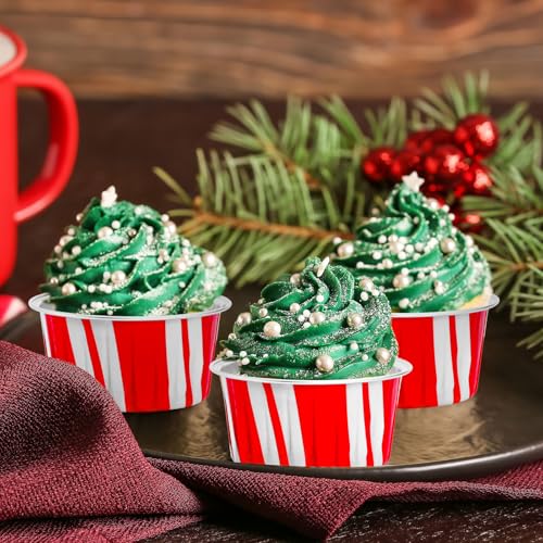 120Pcs Christmas Aluminum Foil Cupcake Liners with Lids - Red & White Holiday Party Bakeware