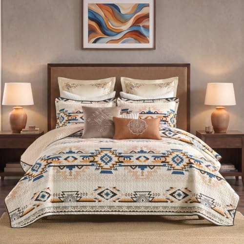 Queen Cotton Quilt Set with Reversible Bedspread Aztec Pattern - All Season Bedding