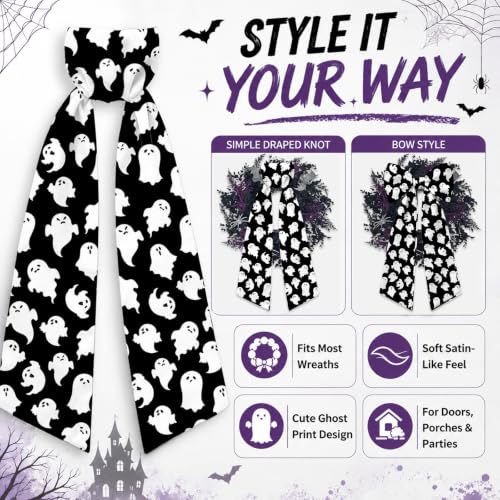 Halloween Ghost Wreath Sash Set for Front Door Decor - Black & White, 2 Pack