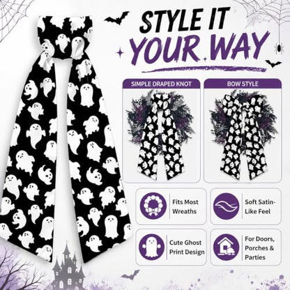 Halloween Ghost Wreath Sash Set for Front Door Decor - Black & White, 2 Pack