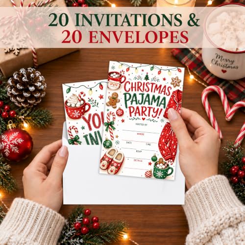 Christmas Pajama Party Invitation Cards - Set of 20 with Envelopes, Vibrant Design