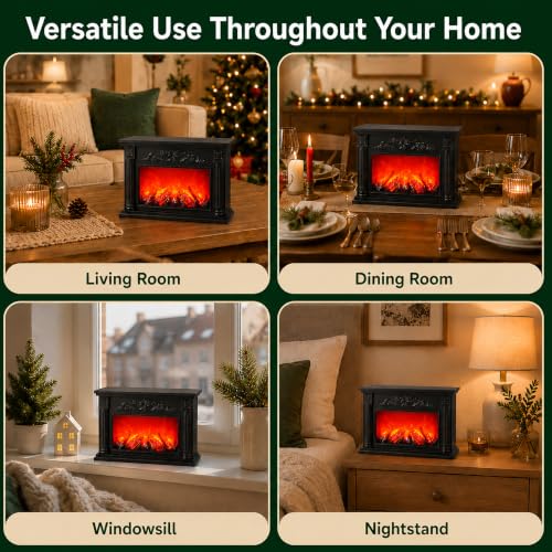 Black LED Fireplace with Flame Effect, Decorative Electric Fire Lamp