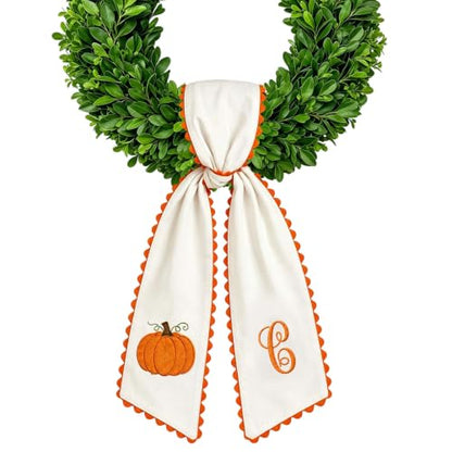 Halloween Pumpkin Wreath Sash with Embroidered Pumpkin and Orange Scalloped Trim - Fall Front Door Decor (C)
