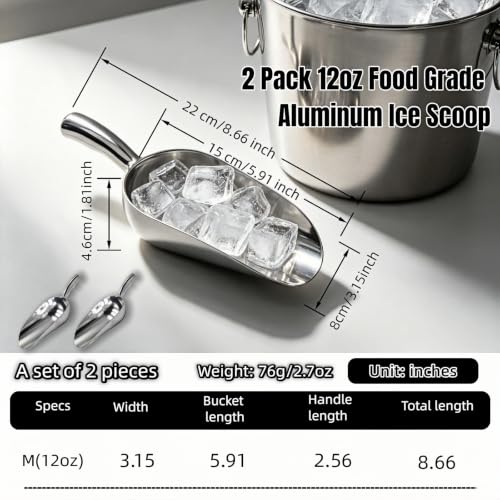 Heavy Duty 12oz Aluminum Ice Scoop 2 Pack for Kitchen & Bar Use
