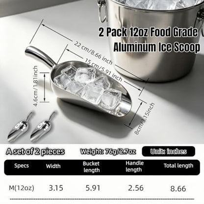 Heavy Duty 12oz Aluminum Ice Scoop 2 Pack for Kitchen & Bar Use