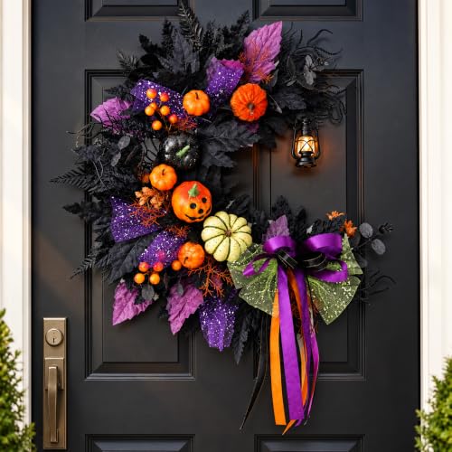 Halloween Wreath for Front Door Crescent Moon Pumpkins Lantern Spooky Decor