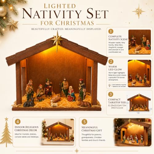 Lighted Wooden Nativity Set with Resin Figures - 11 Piece Christmas Decoration
