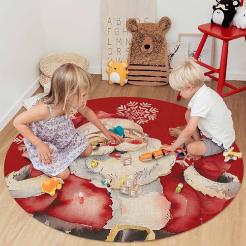 Christmas Round Area Rug 4ft Santa Claus Floor Carpet Washable & Stain-Resistant - Red Snowflake, Scarlet Variation