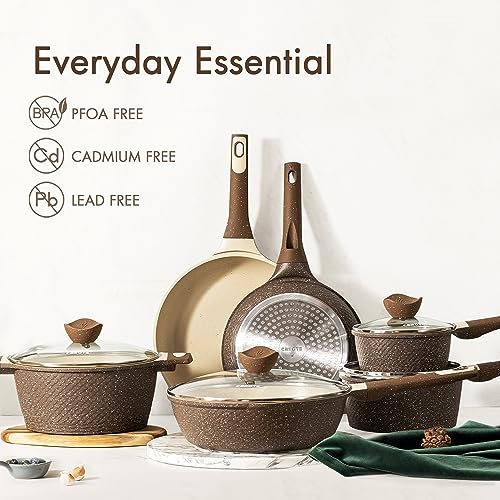 CAROTE Nonstick Pots and Pans Set,Cookware Sets 10 Pcs Nonstick, Healthy Non Stick Induction Stone Cookware Kitchen Granite Cooking Set w/Frying Pans & Saucepan, PFOS, PFOA Free (Brown Granite)