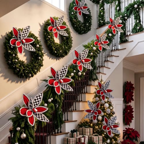 Black Checkered Christmas Poinsettia Artificial Flower Set - 12 Inch