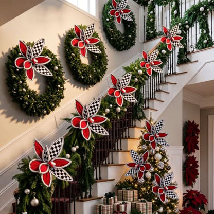 Black Checkered Christmas Poinsettia Artificial Flower Set - 12 Inch