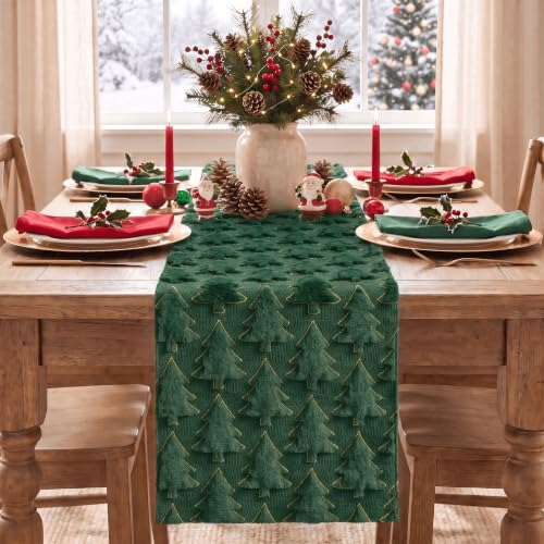 13 x 108 Inch Green Plush Faux Fur Christmas Table Runner with Embroidered Edges