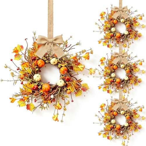 Fall Multi Mini Hanging Wreaths with Maple Leaves Pumpkins Berries Burlap Bow - Set of 4