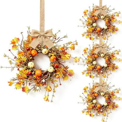 Fall Multi Mini Hanging Wreaths with Maple Leaves Pumpkins Berries Burlap Bow - Set of 4