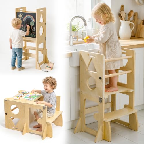 4-in-1 Toddler Standing Tower with Blackboard and Safety Bar - Kids Learning Stool