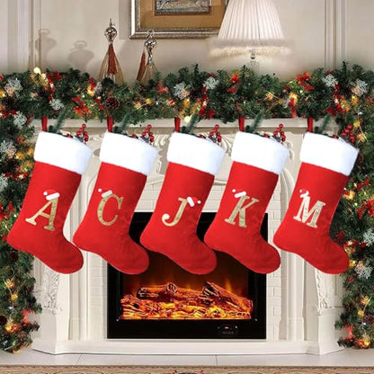 Monogram Christmas Stockings with Letters - 18 Inch White Plush Cuff with Red Velvet - Holiday Gift & Decor - Variation A