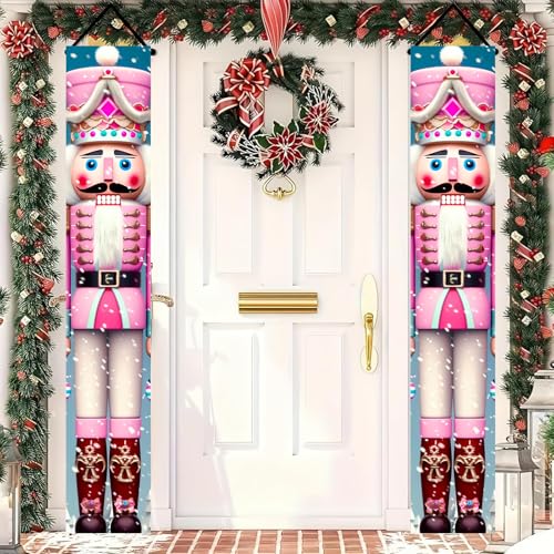 Pink Nutcracker Christmas Porch Banner Set - 71x12 Inch Holiday Door Decorations