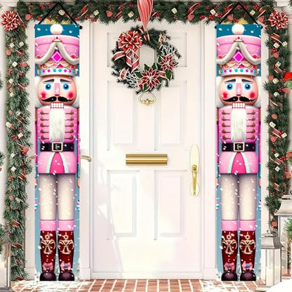 Pink Nutcracker Christmas Porch Banner Set - 71x12 Inch Holiday Door Decorations