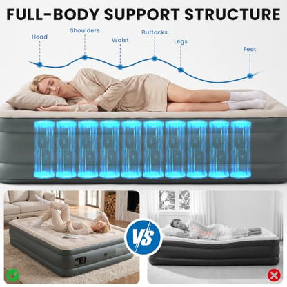 Queen Air Mattress with Built-In Pump - 18 Inch Raised Inflatable Bed for Camping & Home (Grey)