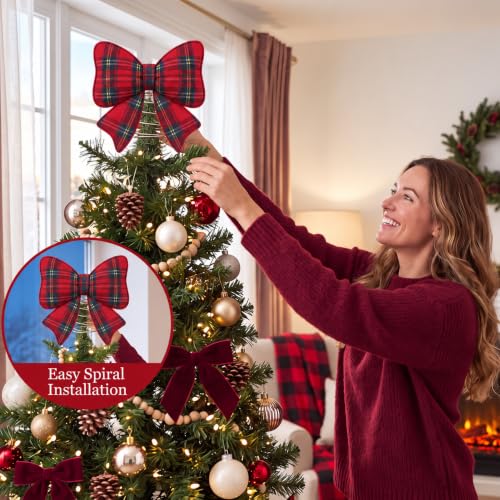 Plaid Bow Christmas Tree Topper Felt Holiday Decor - 9.06 Inches - Red Buffalo Plaid - Stable Spiral Base - Farmhouse Style