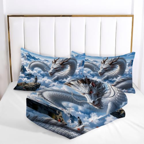 Full Sky Blue Quilt Set with Dragon Print 3 Pieces - All Season Bedding