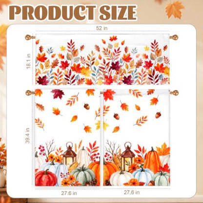 Autumn Kitchen Curtains Set with Maple Leaf Valance and Cafe Panels - Fall Decor