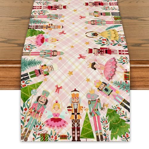 Christmas Table Runner 13x90 Inches - Pink, Nutcracker Holiday Decor