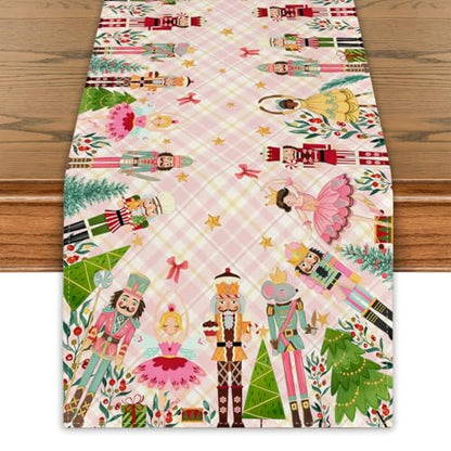 Christmas Table Runner 13x90 Inches - Pink, Nutcracker Holiday Decor
