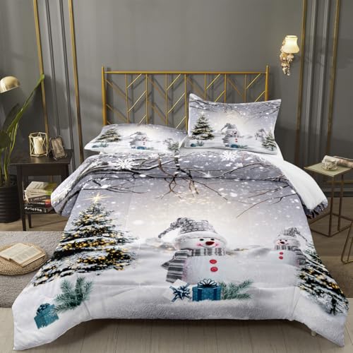 King Size Christmas Snowman Comforter Set - Snowy Forest Bedding, 104x90 Inch