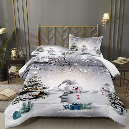 King Size Christmas Snowman Comforter Set - Snowy Forest Bedding, 104x90 Inch