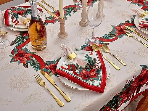 Christmas Poinsettia Ribbon Tablecloth 52 x 70 Inch Holiday Decor - Red & Green