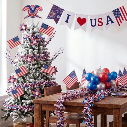 Patriotic Christmas Decorations Set with Eagle Tree Topper and American Flag Pinwheels