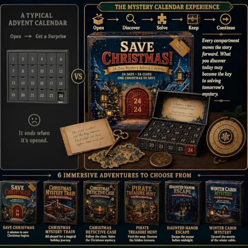 Multicolor 24-Day Mystery Adventure Advent Calendar Puzzle Countdown with 6 Story Themes